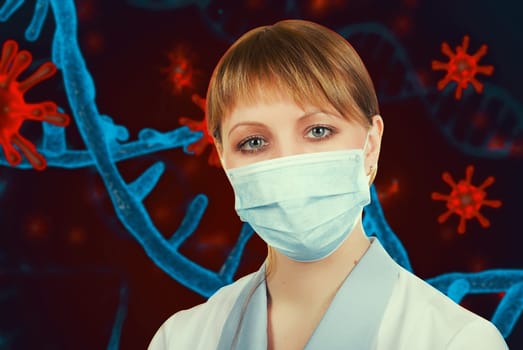 Female doctor with medical mask on 3d generated COVID-19 background background.
