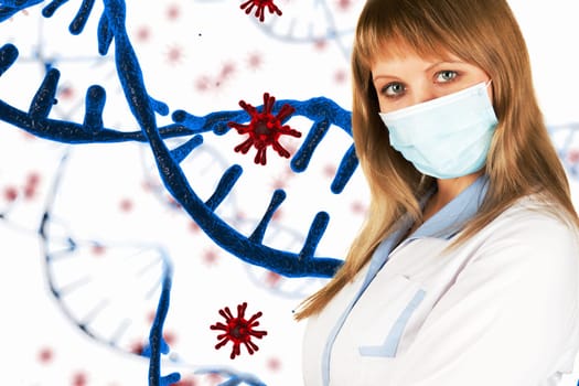Female doctor with medical mask on 3d generated COVID-19 background background.