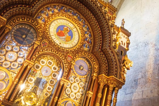 Beauvais, France - August 29 2024: Astronomical golden clock of Saint Peter’s cathedral in Beauvais, France (1866)