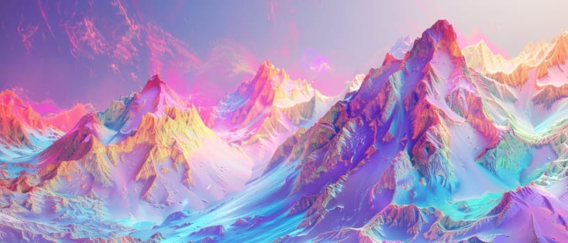 A majestic digital landscape of ridges illuminated with pink and blue hues, exuding tranquility and digital beauty