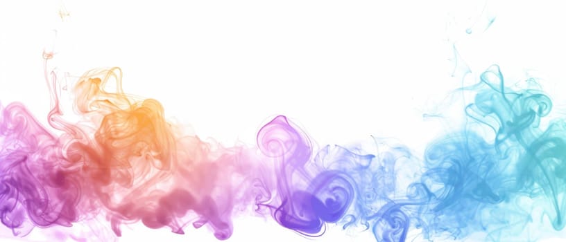 A panoramic image displaying a whimsical spread of multicolored smoke drifting across a light background