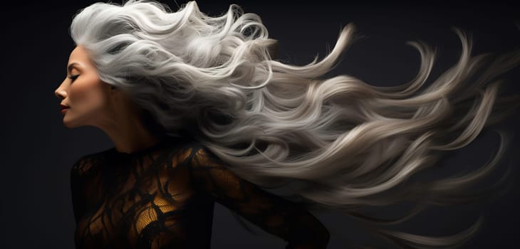 Dramatic image of a woman with swirling silver hair and a gaze that captivates.