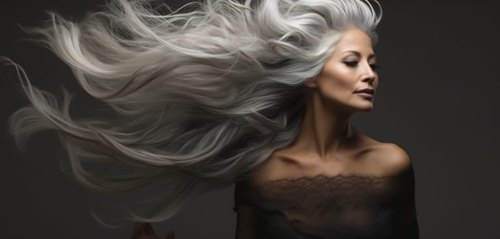 Dramatic image of a woman with swirling silver hair and a gaze that captivates.