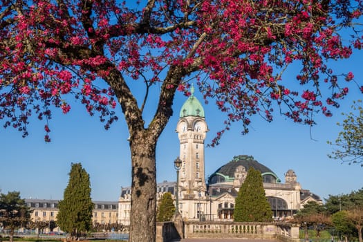 Limoges, France - April 04 2023: View of the famous Limoges train station called Limoges-Bénédictins and flowering tree