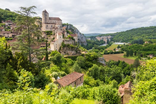 Old cliffside village of Saint-Cirq-Lapopie in the Occitanie region, south west France