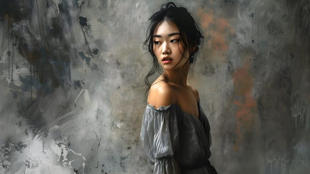 Asian woman in grey dress