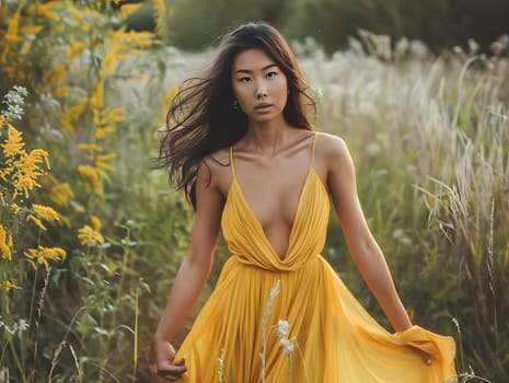 Asian woman in yellow maxi dress