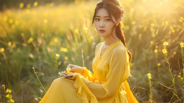 Asian woman in yellow maxi dress