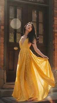 Asian woman in yellow maxi dress