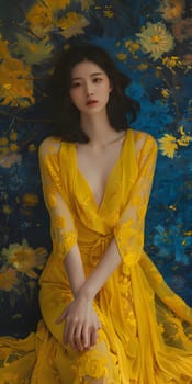 Asian woman in yellow maxi dress
