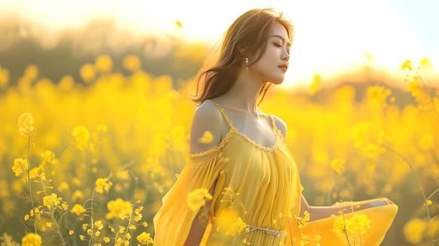 Asian woman in yellow maxi dress