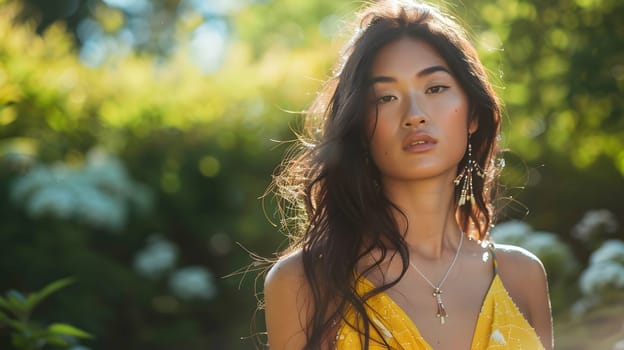 Asian woman in yellow maxi dress