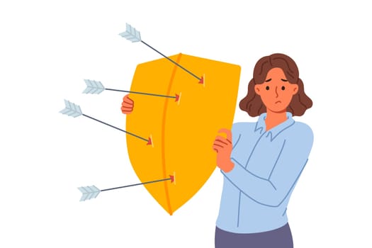 Upset woman defends from arrows of enemies, covering with shield to avoid injury. Girl defends and demonstrates defense mechanism that allows to escape from risk to life of elemental disorder