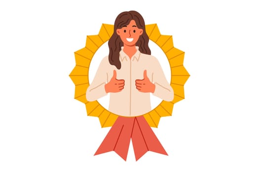 Best employee of month woman shows thumbs up while looking out of medal received for professional achievements. Award for best employee from businesswoman motivating good employees of company