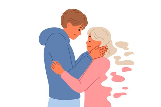 Widower man remembers deceased bride, hugging ghost of girl and refuses to believe in end of relationship. Widower suffers from loss of beloved and needs support to avoid depression.