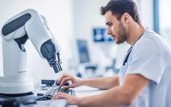 Healthcare professional in white coat working with advanced robotic medical equipment in a modern hospital or research laboratory setting.
