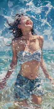 Asian woman playing in the sea