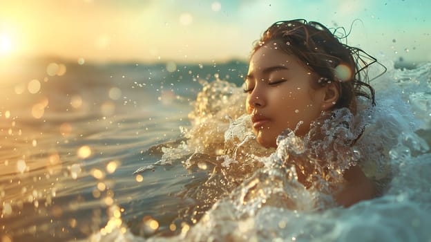 Asian woman playing in the sea