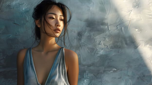 Asian woman wearing a gray sleeveless summer dress