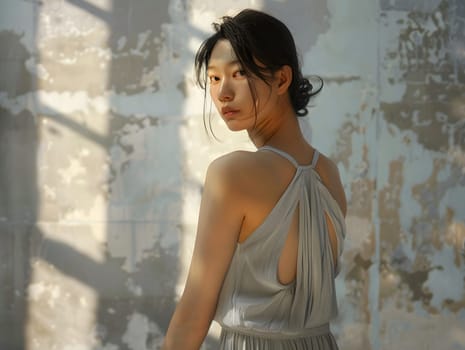 Asian woman wearing a gray sleeveless summer dress