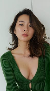 Asian woman wearing green summer knitwear