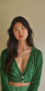 Asian woman wearing green summer knitwear