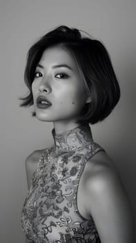 Asian woman with short hair wearing a dress