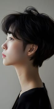 Asian woman with short hair looking to the side