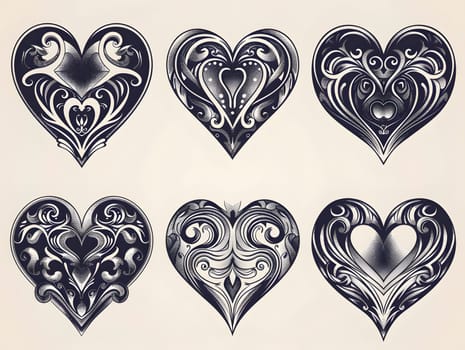 Assorted heart designs collection featuring intricate patterns and symbols of love