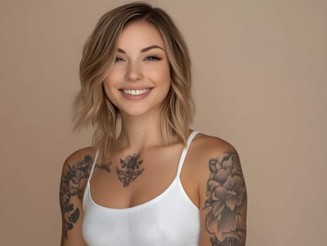 attractive woman with shoulder length blonde hair and tattoos