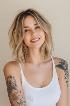 attractive woman with shoulder length blonde hair and tattoos