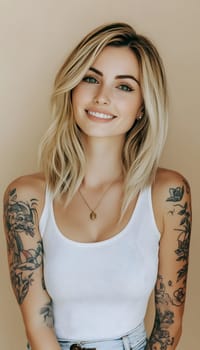 attractive woman with shoulder length blonde hair and tattoos