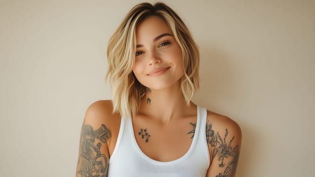 attractive woman with shoulder length blonde hair and tattoos
