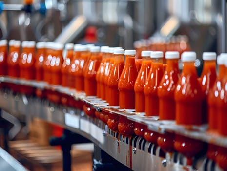 Automated production line with tomato sauce bottles in a food factory