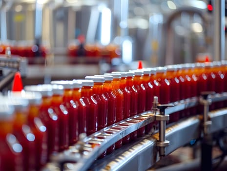 Automated production line with tomato sauce bottles in a food factory