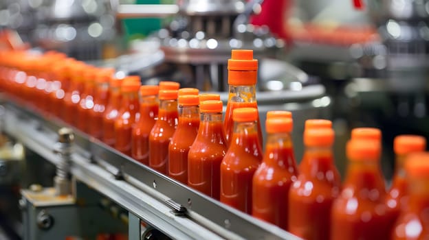 Automated production line with tomato sauce bottles in a food factory