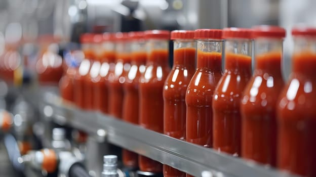 Automated production line with tomato sauce bottles in a food factory