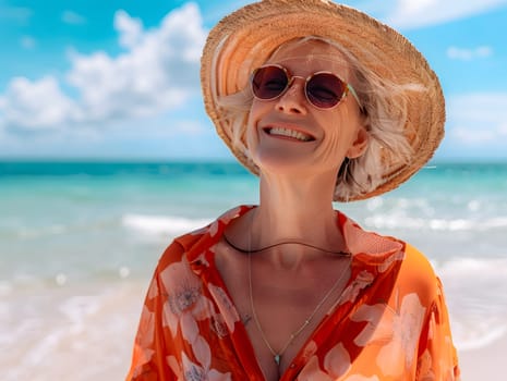 Beach travel and senior woman with smile for vacation