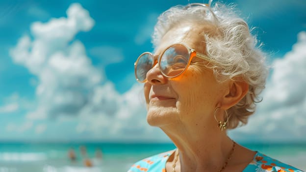Beach travel and senior woman with smile for vacation