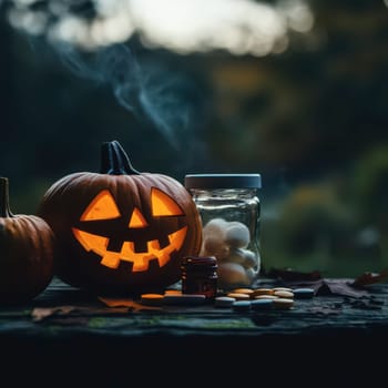 An inviting Halloween arrangement showcases a glowing jack-o-lantern, surrounded by colorful candies and a jar of marshmallows, all set against a twilight backdrop bursting with autumn vibes.
