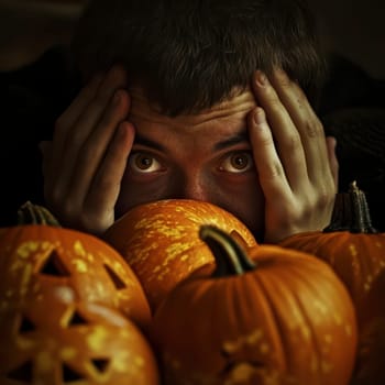 As Halloween approaches, a young individual anxiously peers over a cluster of carved pumpkins, the atmosphere thick with the spirit of the season, revealing a mix of excitement and fear.