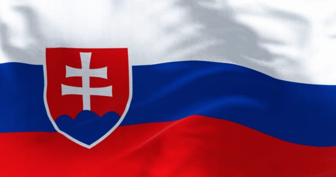 Close-up of Slovakia national flag waving in the wind. White, blue, and red stripes. Coat of arms at the hoist. 3d illustration render. Rippled fabric background
