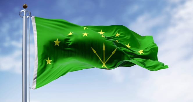 The Circassian flag waving in the wind on a clear day. National flag of Republic of Adygea. Russian Federation. 3d illustration render. Fluttering fabric