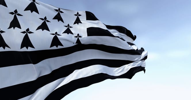 Brittany flag waving with french national flag on a clear day. Brittany is a peninsula, historical country, and cultural area in the west of France. 3d illustration render. Selective focus.