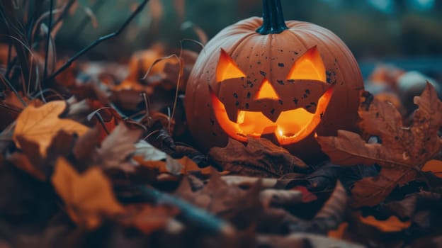 A carved pumpkin with a mischievous grin emits a warm glow as it rests among colorful autumn leaves, capturing the essence of Halloween twilight and seasonal charm.