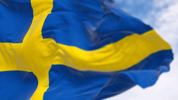 Close-up of national flag of Sweden waving. Yellow Nordic cross on a blue background. Scandinavian country. 3d illustration render. Fluttering fabric. Selective focus