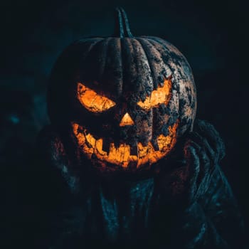 A carved pumpkin radiates a haunting glow, showcasing jagged teeth and fierce eyes, held by a figure obscured in darkness, evoking the chilling spirit of Halloween night.