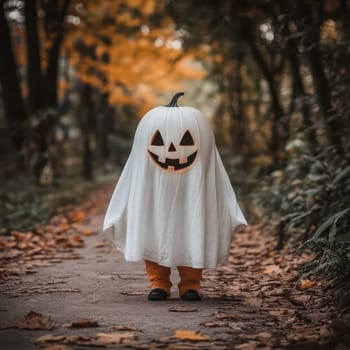 A playful child draped in a ghostly white sheet, their head adorned with a carved pumpkin, walks along a leaf-strewn path surrounded by autumn foliage, creating an enchanting Halloween atmosphere.