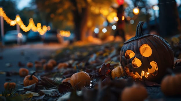 On a crisp autumn evening, a carved pumpkin lights up with a cheerful grin, surrounded by scattered leaves and smaller pumpkins, while warm string lights twinkle in the background.
