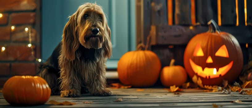 As autumn leaves create a colorful carpet, a fluffy dog sits beside glowing jack-o-lanterns. The friendly pup watches over pumpkins, embodying the warmth of fall celebrations.